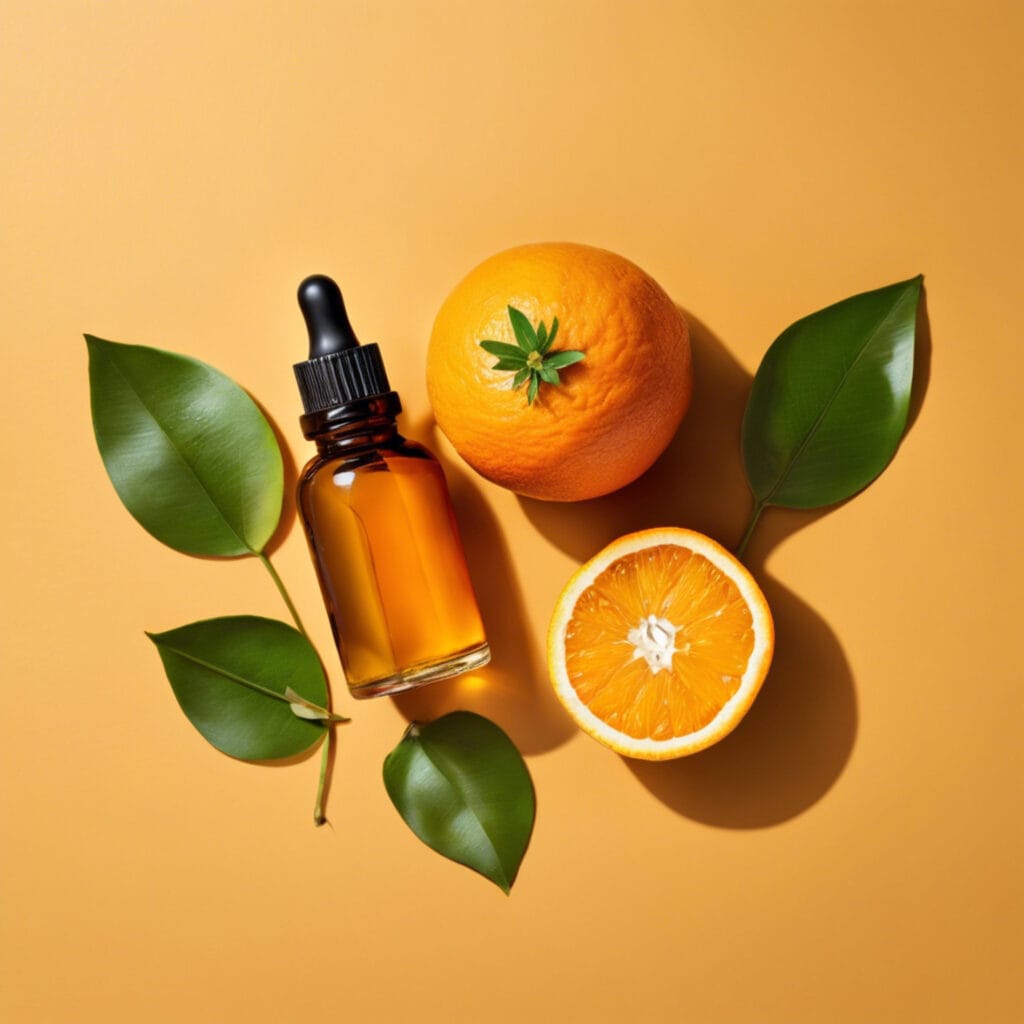orange fruit whole and half in center of image few green leaves around an amber essential oil bottle with dropper in a golden background edited