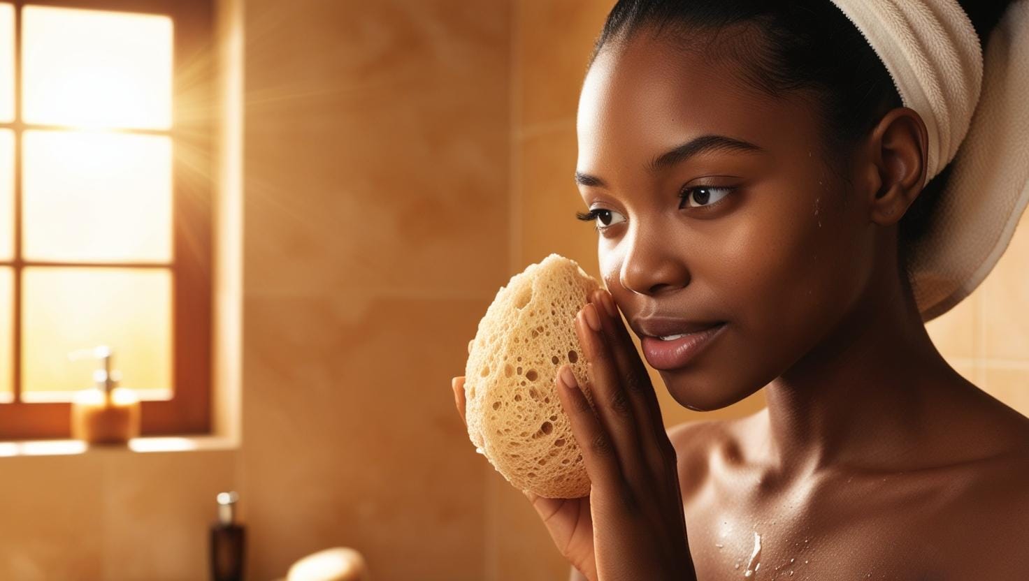 go nature y, yellow natural sea sponge, gentle exfoliation Young lady in the bathroom holding a natural sea sponge.