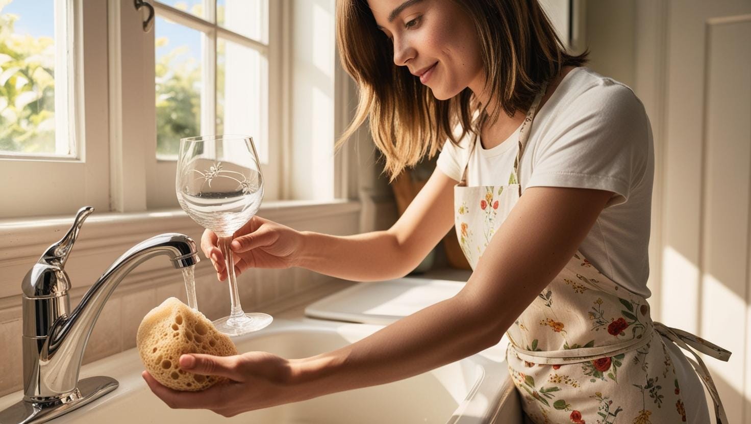 go nature y, yellow natural sea sponge, gentle exfoliation Young lady doing the dishes with a natural sea sponge.